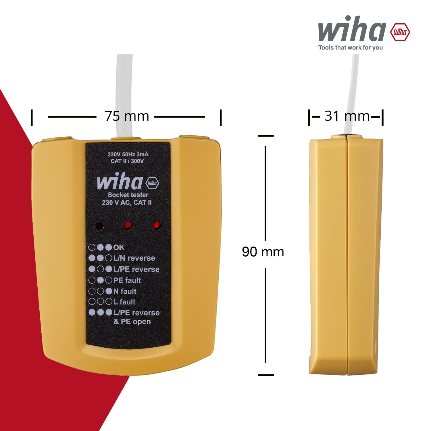 Wiha Steckdosentester 230 V AC, CAT II inkl. 2x AAA-Batterien I mit flexiblem Kabel I LED-Anzeige (45220)