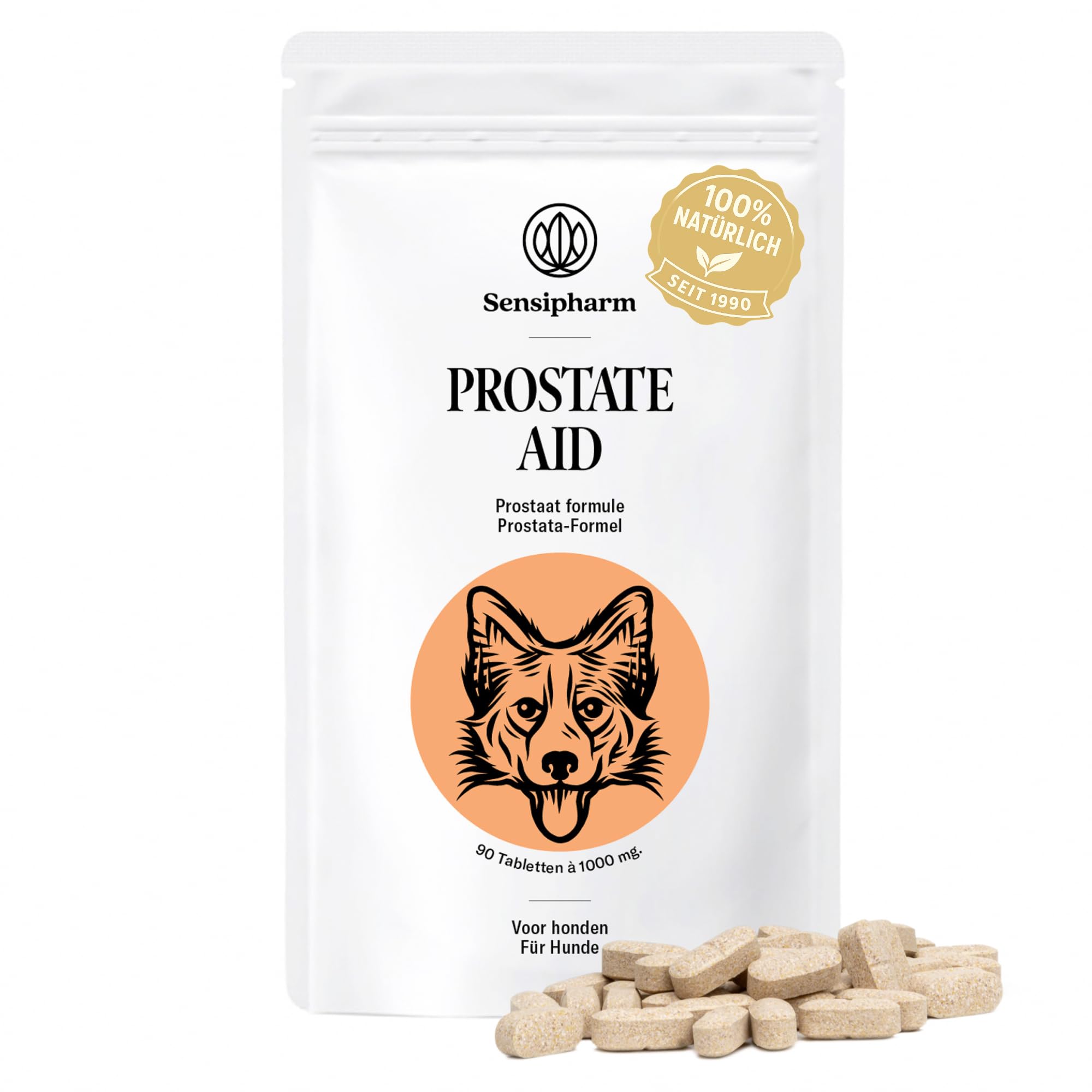 Prostata Aid - Prostata Tabletten für Hunde zur Unterstützung der Prostatafunktion - hochdosiertes Nahrungsergänzungsmittel mit pflanzlichen Extrakten - 90 Tabletten à 1000 mg - Sensipharm