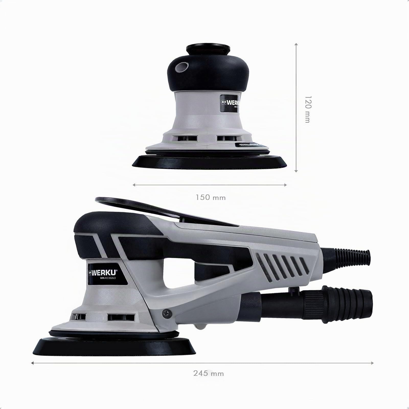 Werku WK403660, Lijadora Circular Rotorbital, Calidad Profesional, Motor Brushless, Potencia 350 W, Disco 150 mm, Órbita 8 mm, Incluye Disco Lijado y Manguera Aspiración