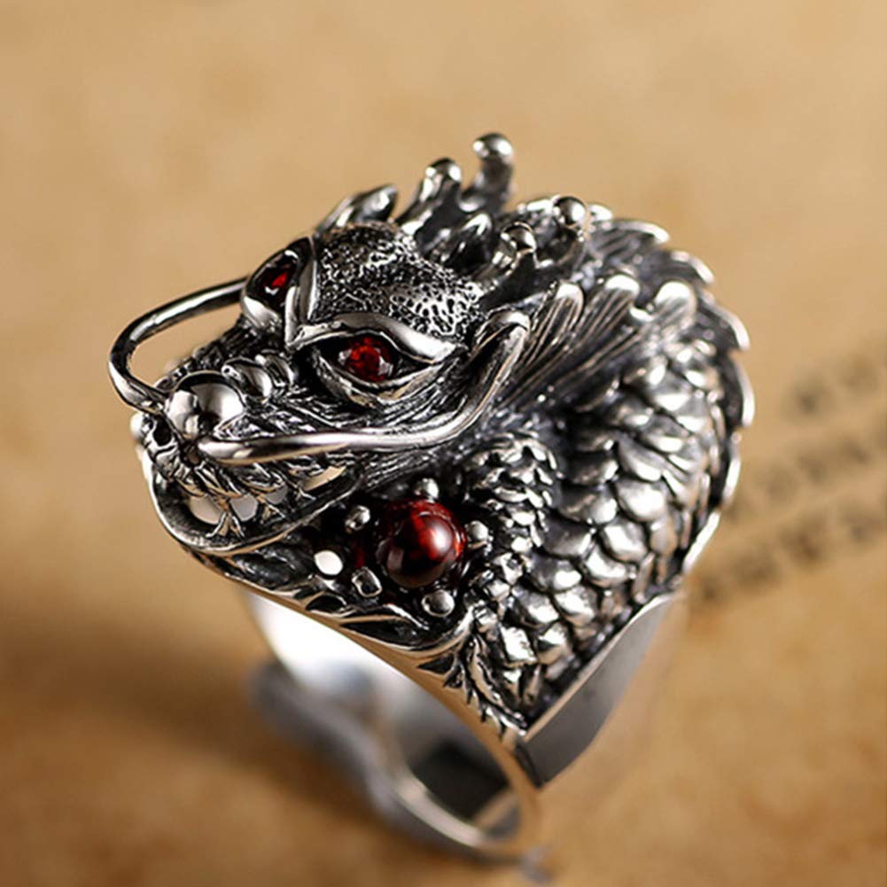 YABEME 925 Sterling Silber Dragon Red Zirkon Edelstein Ring Vintage Punk Gothic Geschnitzte Oberfläche Schmuck Frauen Männer Coole Geburtstagsfeier Biker Geschenk (Größen 17-28)