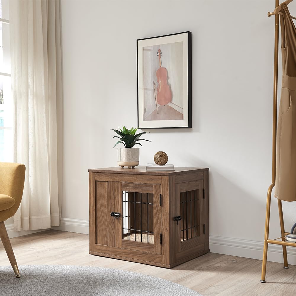 unipaws Mobili stile gabbia per cani con cuscino, cuccia in filo di legno con doppia porta, per uso interno (piccola, noce)