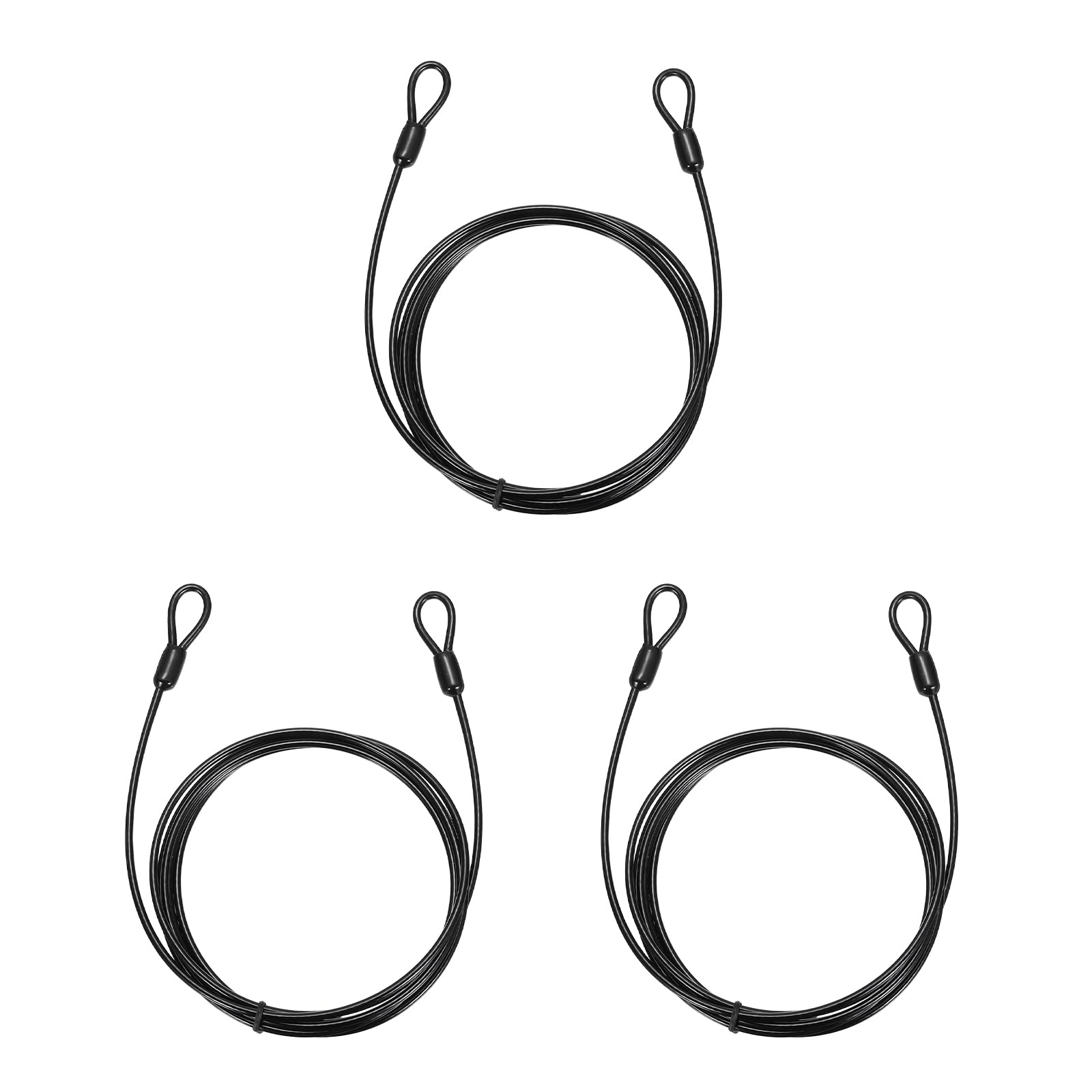 PATIKIL Security Cable Lock (3mm x 2m, 6.6ft 110lb Load Capacity, Black)(3 Pcs) Vinyl Coated Stainless Steel Flexible Wire Rope Safety Cable Luggage Lock with Double Loops