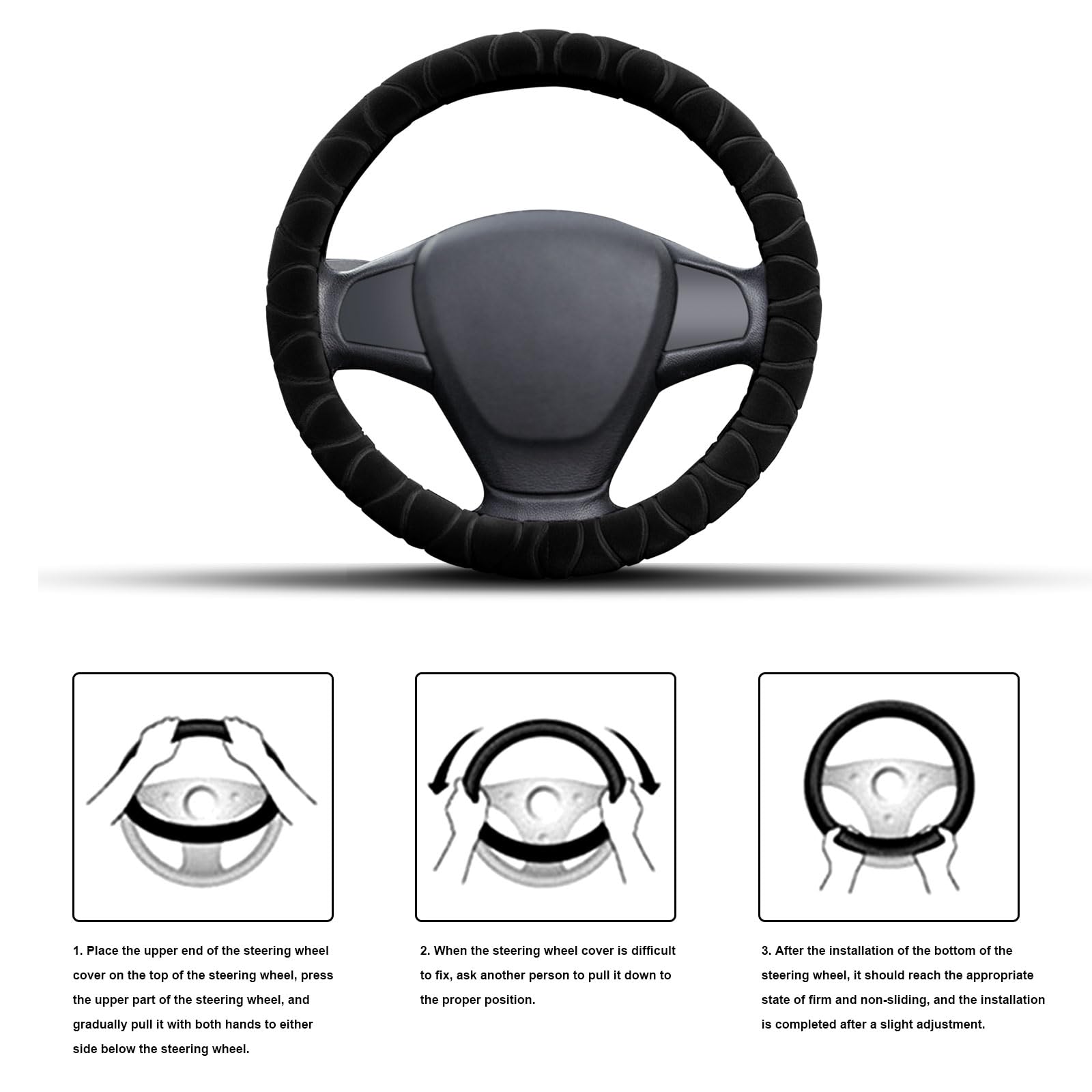 Housse de Volant de Voiture en Peluche Douce et Chaude pour l'hiver- Antidérapante - Chaude - Universelle - Noir