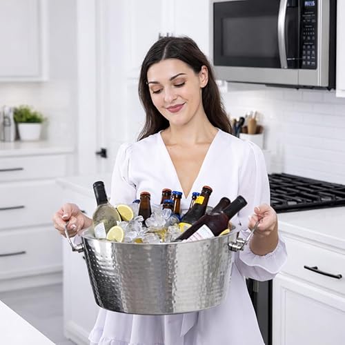 Miniatura 8 de BREKX Hammered Stainless-Steel Beverage Tub, Double-Walled Insulated Anchored Drink Tub & Ice Bucket with Double Hinged Handles, Drink Chiller for