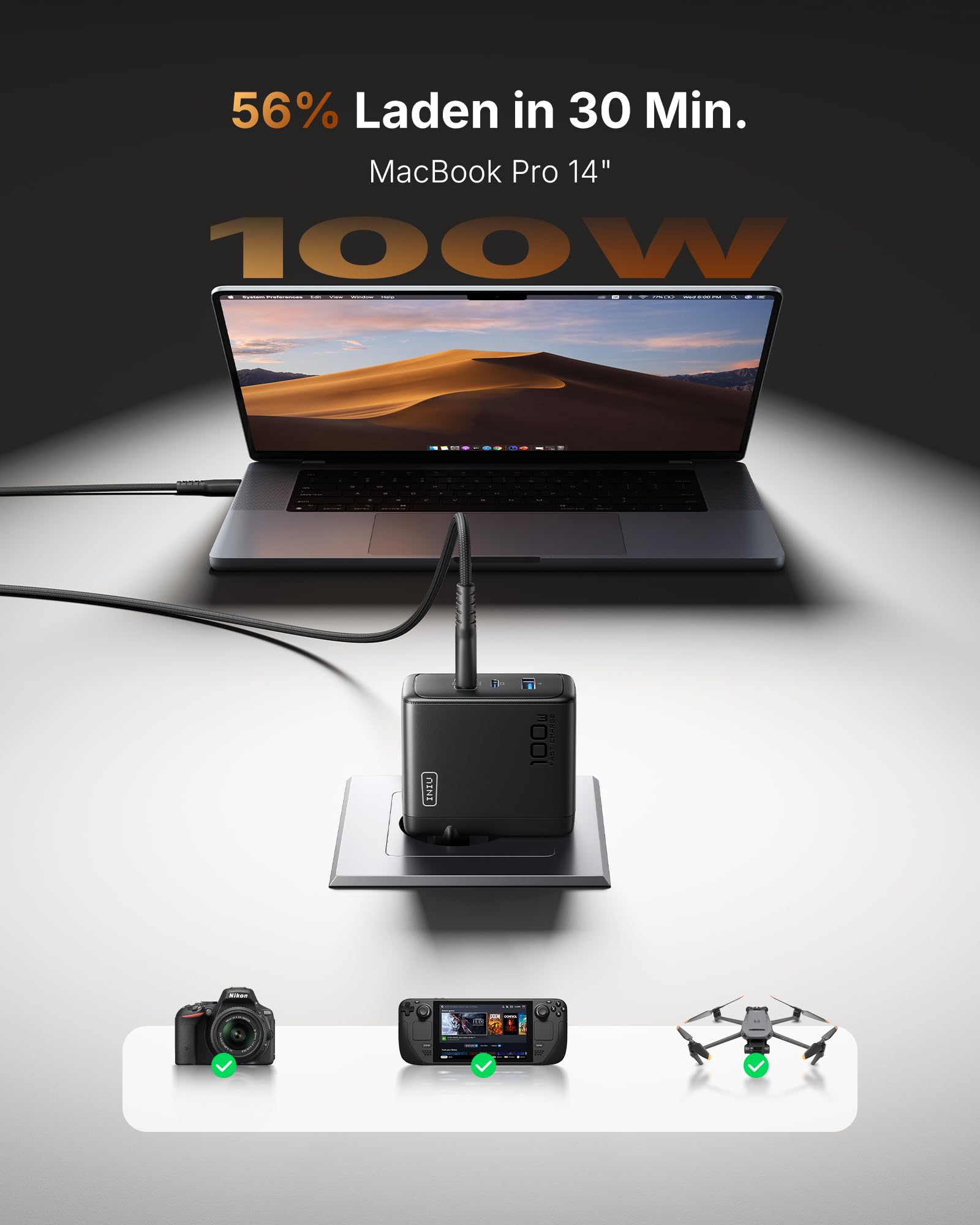 INIU USB C Ladegerät, 100W 3-Port Laptop Schnellladegerät mit USB C Kabel, GaN Mehrfach Netzteil für MacBook Air Pro, iPad, iPhone 17 16 15 Pro Max, Samsung Galaxy S25 S24 Ultra, Pixel, Switch 2 etc