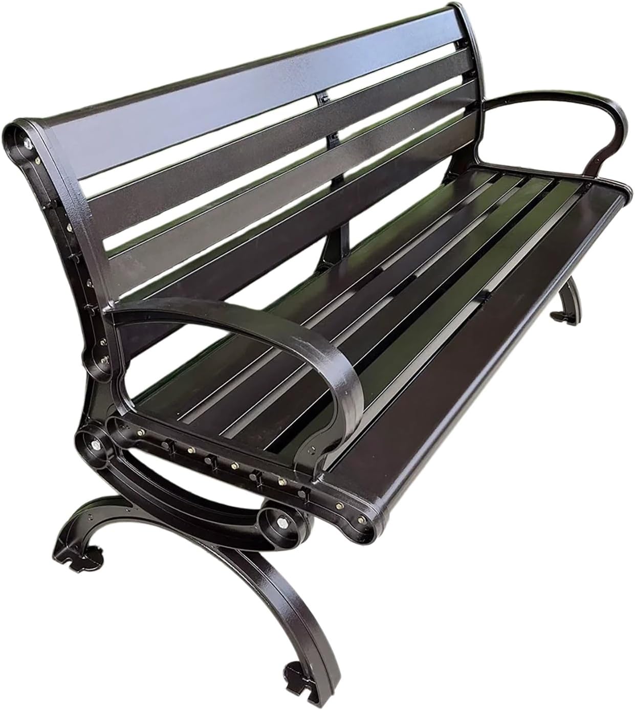 Aluminum Outdoor Bench - Weatherproof 3 Person Garden Bench - 59in Metal Patio Bench for Front Porch, Park, Backyard & Lawn, Wood Grain Brown(Black)