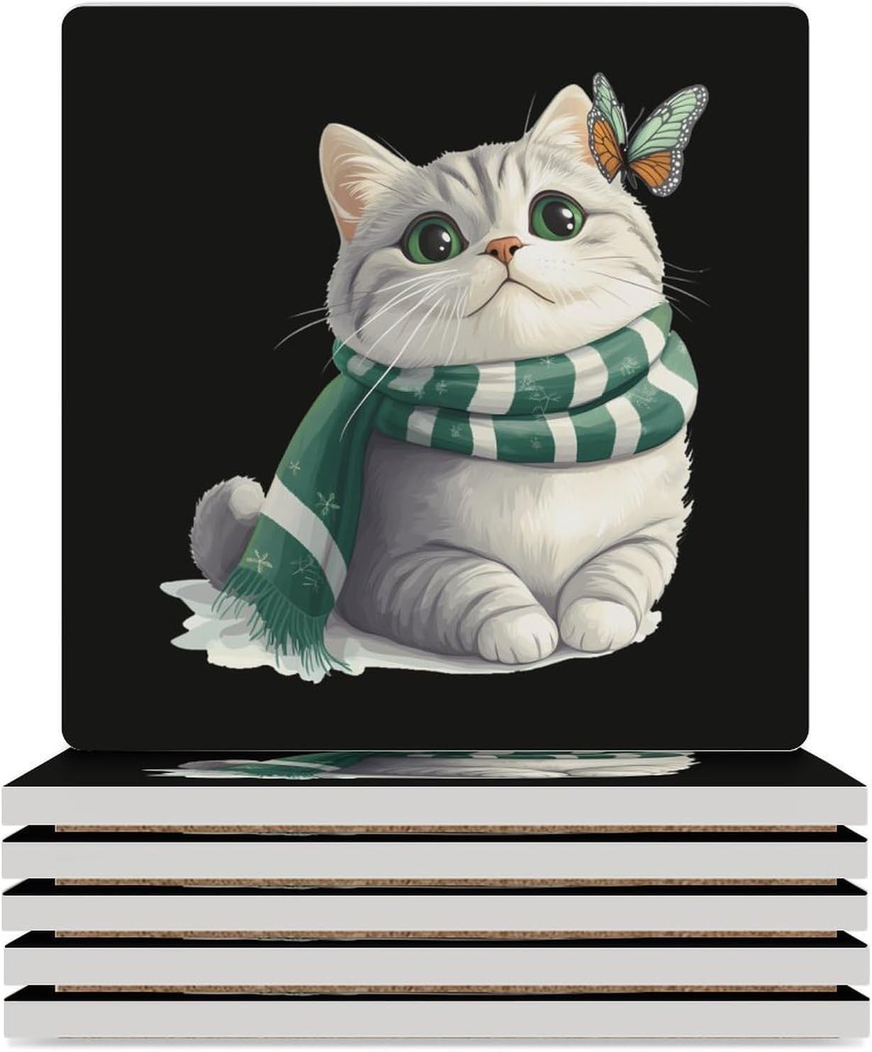Cat Butterfly Coasters for Drinks Square Table Coasters Set Cup Mats with Cork Base
