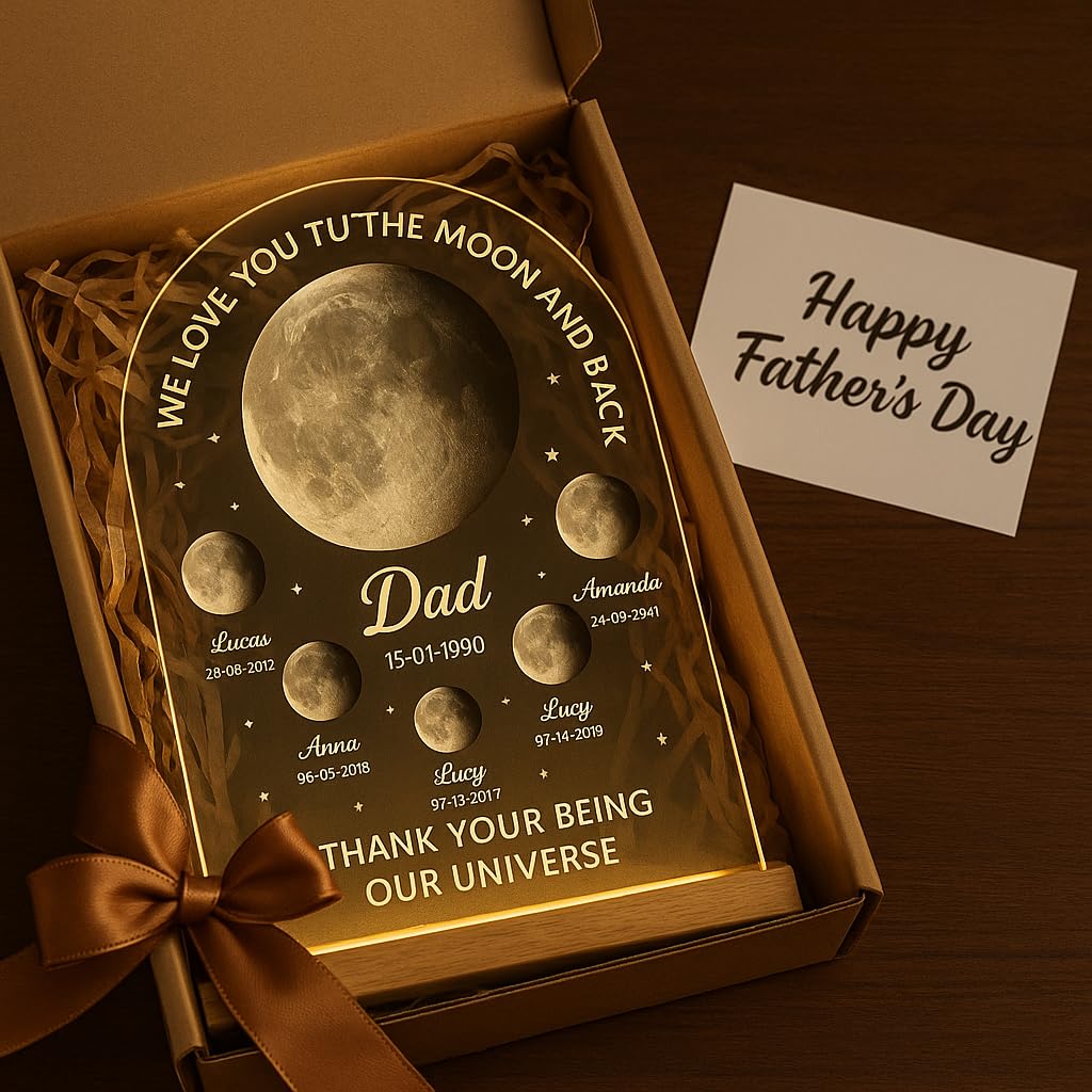 Personalized Dad Moon Gift Daddy's Universe Moon Phase Light Frame, Custom Fathers Universe Night Light Plaque with Kid's Name (Dad Frame 2)