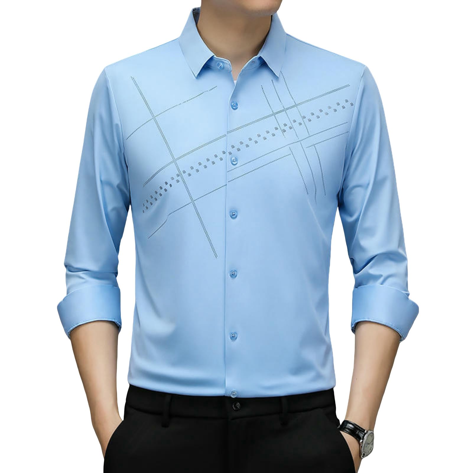 Primavera Estilo Coreano De Moda Sin Costuras Estampado Casual Versátil Camisa De Manga Larga Para Hombre
