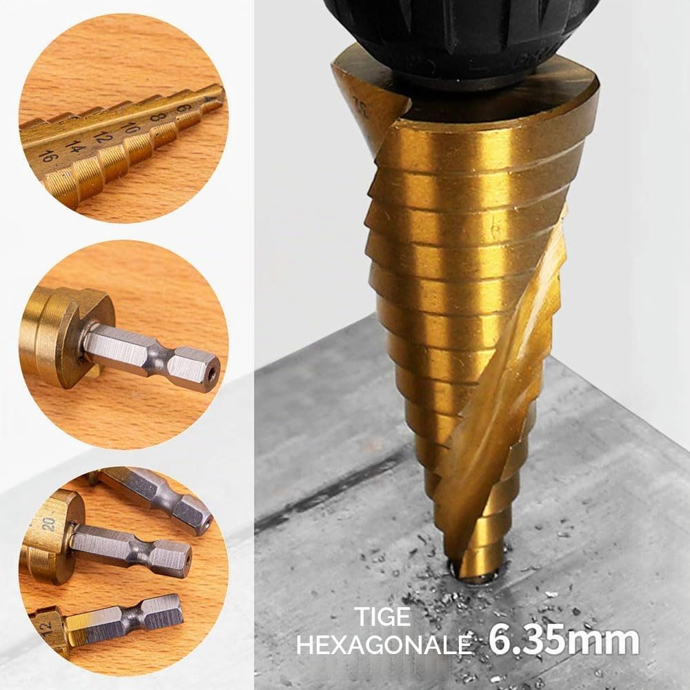 4 - 22mm acier à grande vitesse titane Coated Step Drill High Speed Steel 1 / 4 "poignée hexagonale changement rapide de foret conique métal plastique bois trou fraise