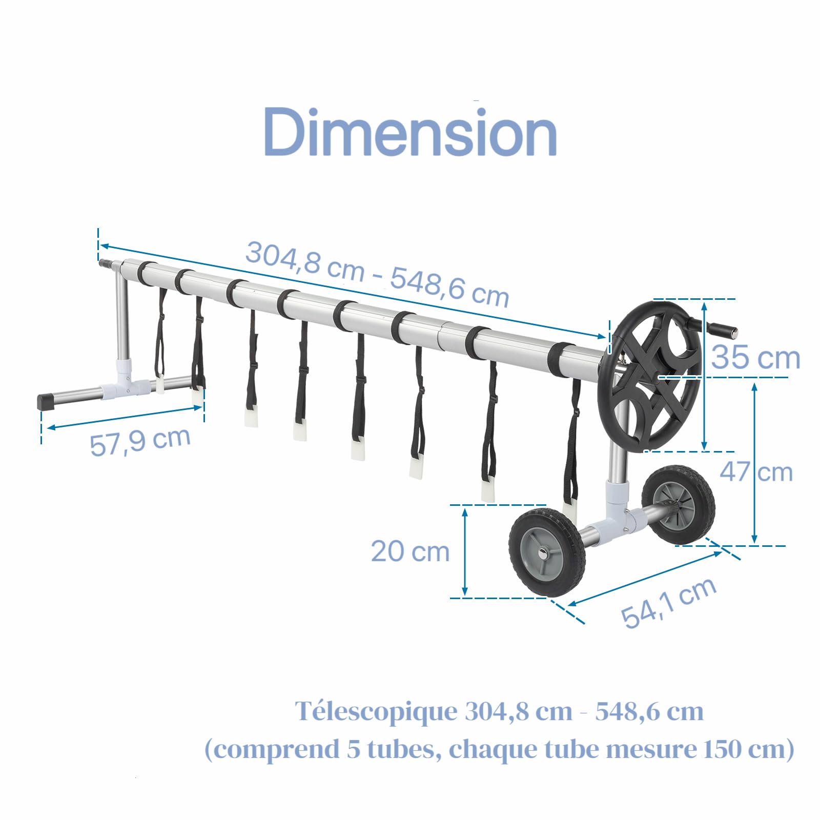 Bonnlo Enrouleur de Bâche de Piscine Système d'enroulement 3,6 m-5,5 m Structure Télescopique Charge de 60 kg Poids Léger de 14,2 kg avec Roues et Sangles Velcro Différents Formes de Piscines Noir