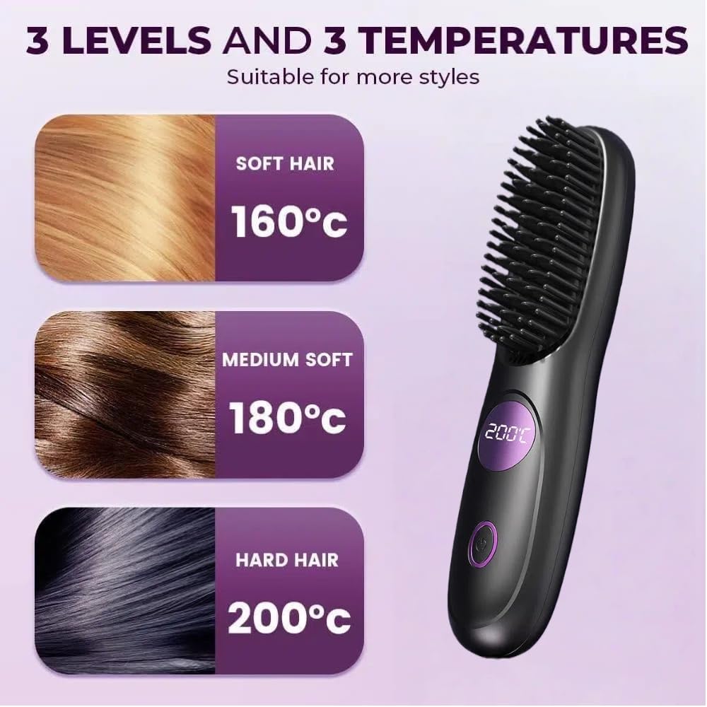 Kabellose Haarglätter Bürste, Tragbarer Mini-Haarglätter mit 3 Temperatureinstellungen & LED-Anzeige, USB Wiederaufladbare Schnelle Heizbürste für Reisen (Schwarz)