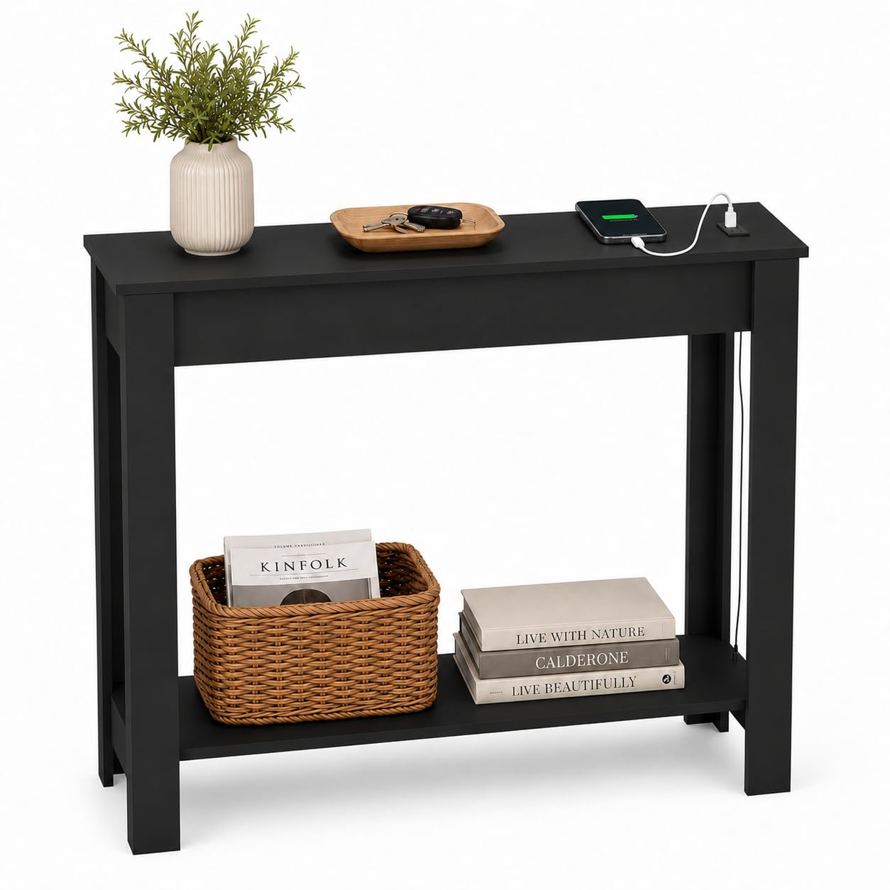 URBNLIVING Narrow Hallway Console Table USB Charging, Black High Front