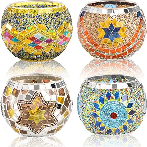 DEAYOU 4 Pack Mosaic Glass Tealight Candle Holders, Handmade Glass Votive Scented Candle Holder for Party Home Decor, Aromatherapy, Wedding, Used as Vase, Pen Holder, Potted Plant Bowl (4 Styles)