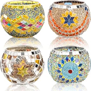 DEAYOU 4 Pack Mosaic Glass Tealight Candle Holders, Handmade Glass Votive Scented Candle Holder for Party Home Decor, Aromatherapy, Wedding, Used as Vase, Pen Holder, Potted Plant Bowl (4 Styles)