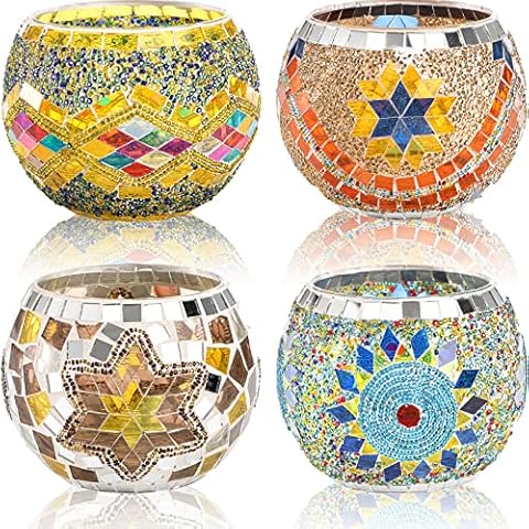 DEAYOU 4 Pack Mosaic Glass Tealight Candle Holders, Handmade Glass Votive Scented Candle Holder for Party Home Decor, Aromatherapy, Wedding, Used as Vase, Pen Holder, Potted Plant Bowl (4 Styles) Cover