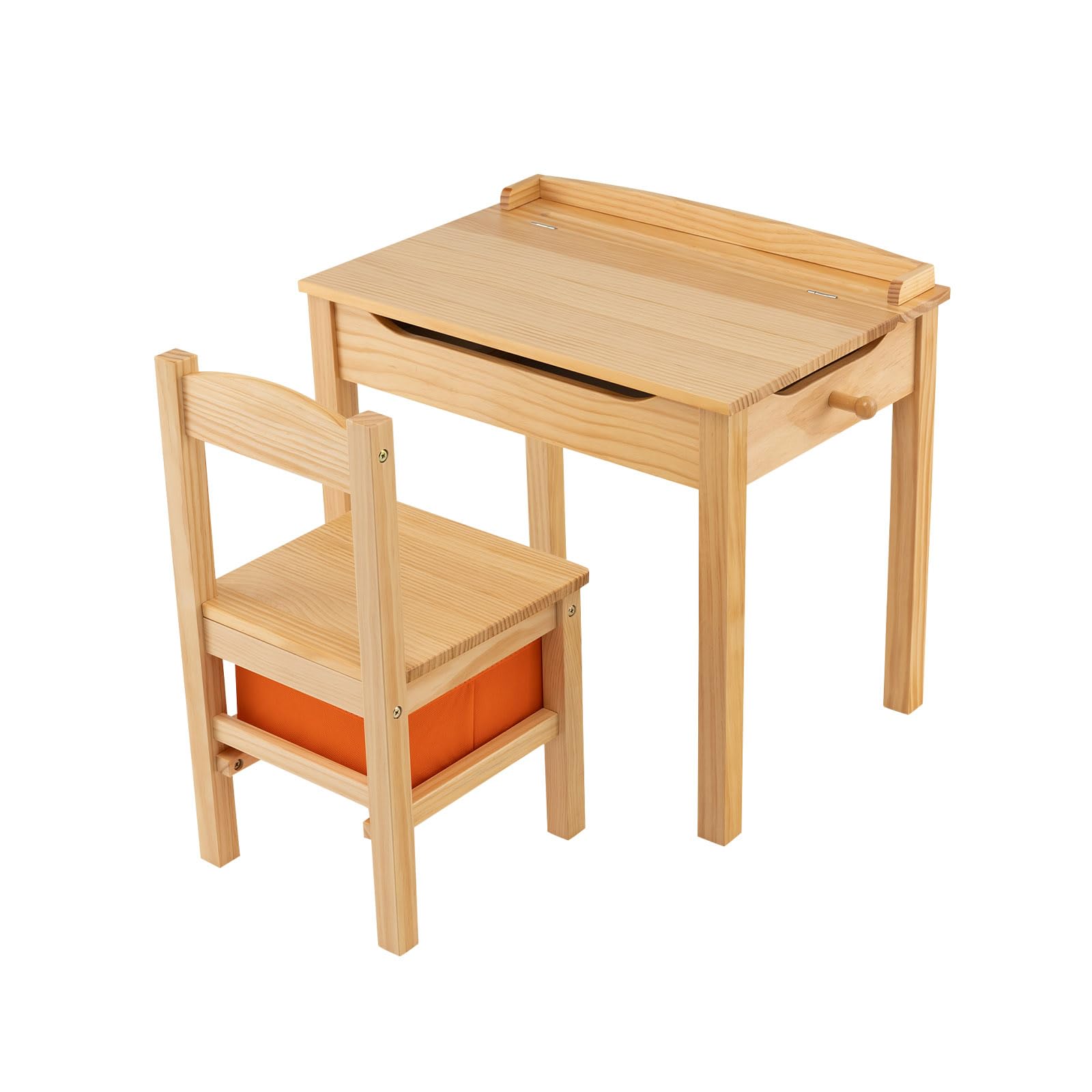 COSTWAY Set Tavolo e Sedia per Bambini 3+ Anni, Scrivania Ribaltabile in Legno di Pino con Cassetto Estraibile, Gancio e Cerniera Sicura a Chiusura Lenta, Ideale per Studio e Disegno (Naturale)