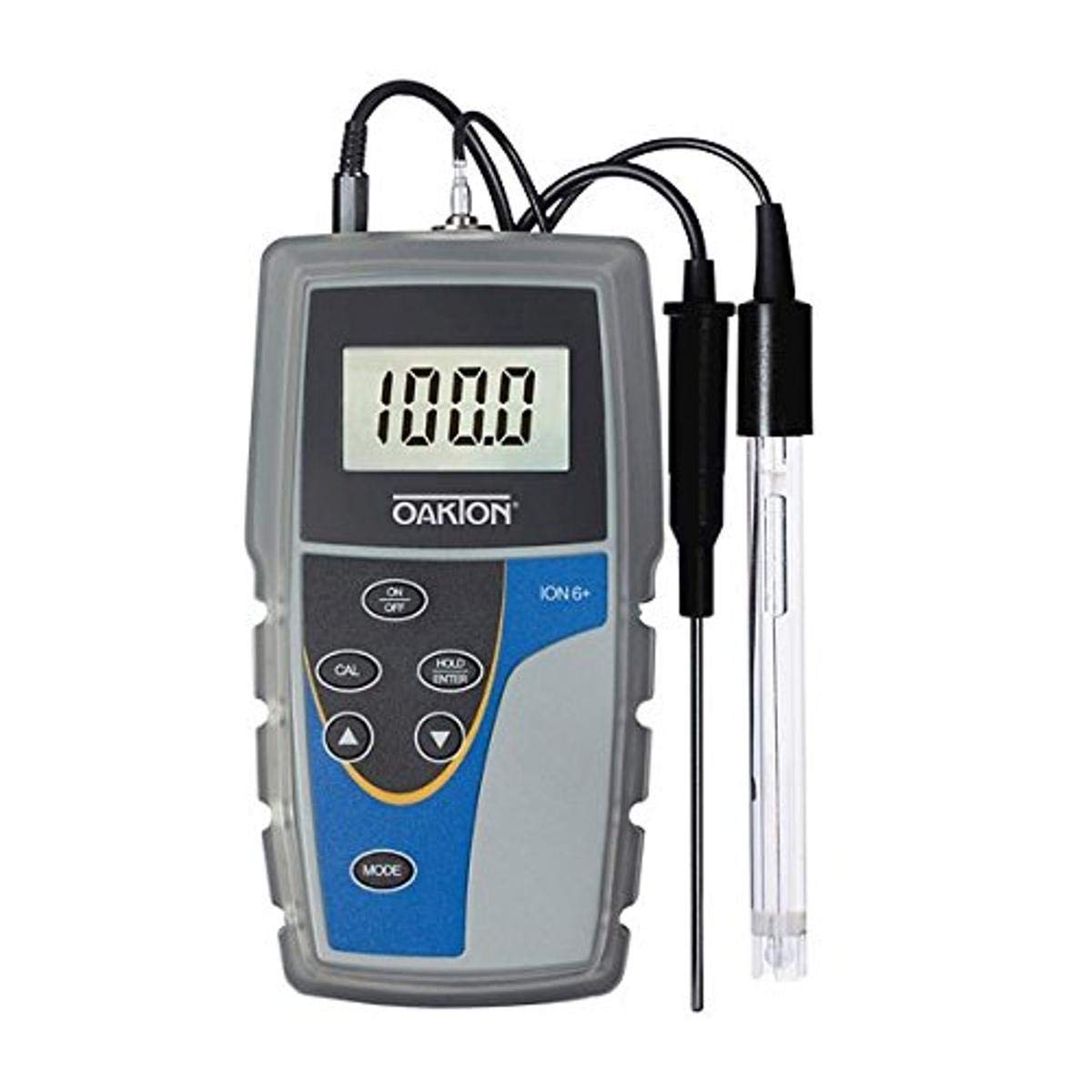 Oakton Ion 6+ Handheld Meter Kit with pH/ATC probe and temperature probe connected.
