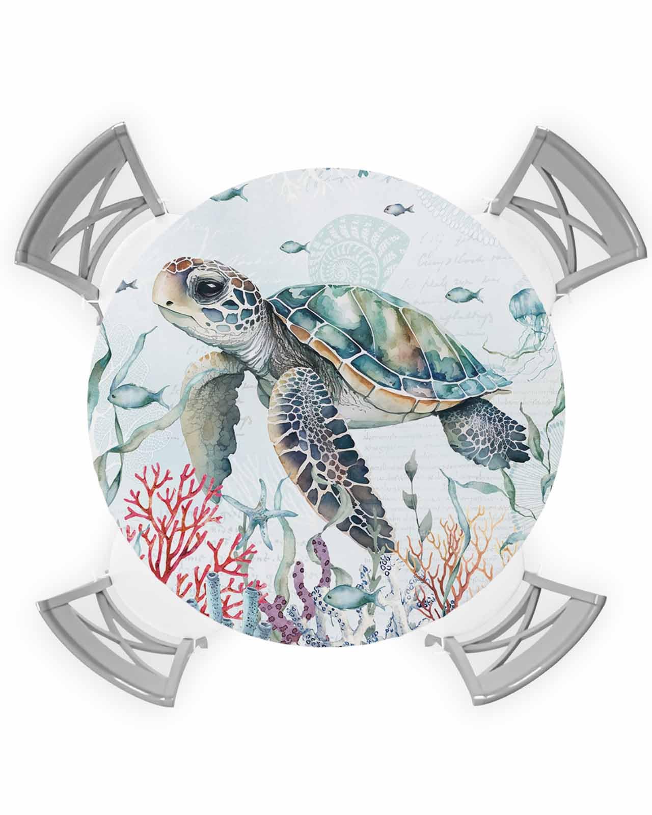 Ocean Round Tablecloth with Elastic, Summer Waterproof Fitted Table Cloth, Farmhouse Sea Turtle Coral Shell Starfish Jellyfish Table Cover for Party