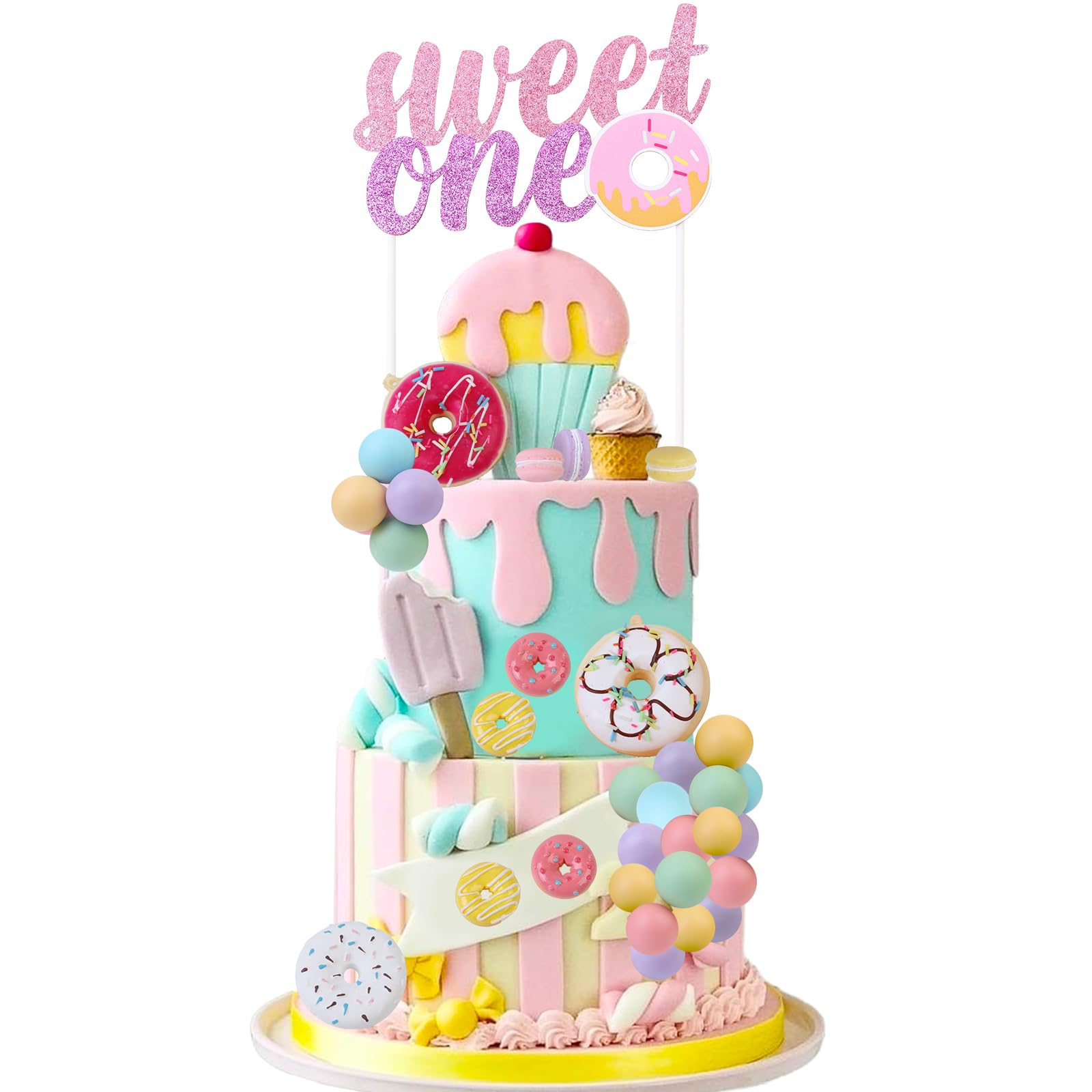Cheereveal Sweet One Cake Figures Decorations for 1 Year Old Girl - Donut Macaron First Birthday Cake Figures Ball Dessert Picks, Doughnut Theme Baby