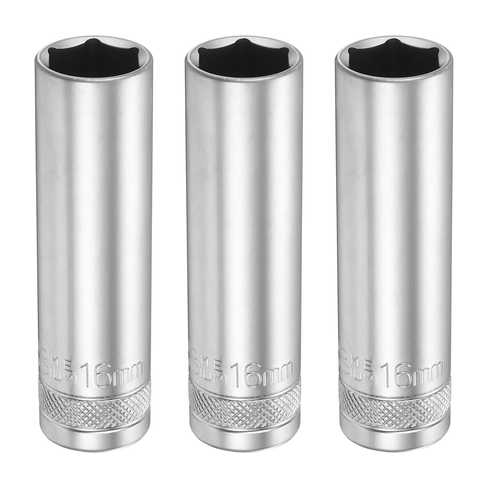 sourcing map 3pcs 6 Points Deep Socket 1/2" Drive 16mm Deep Metric CR-V Steel Polished Nickel Plating 78mm / 3.1" Long Hex Socket Tool for Home Auto Nuts Bolts Repair