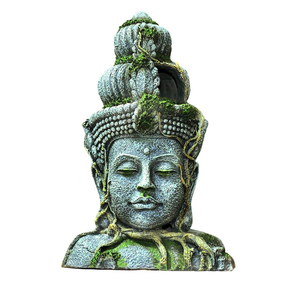 QTMY Décoration d'aquarium, grande statue tête de Bouddha Betta Serpent Cachette Grottes