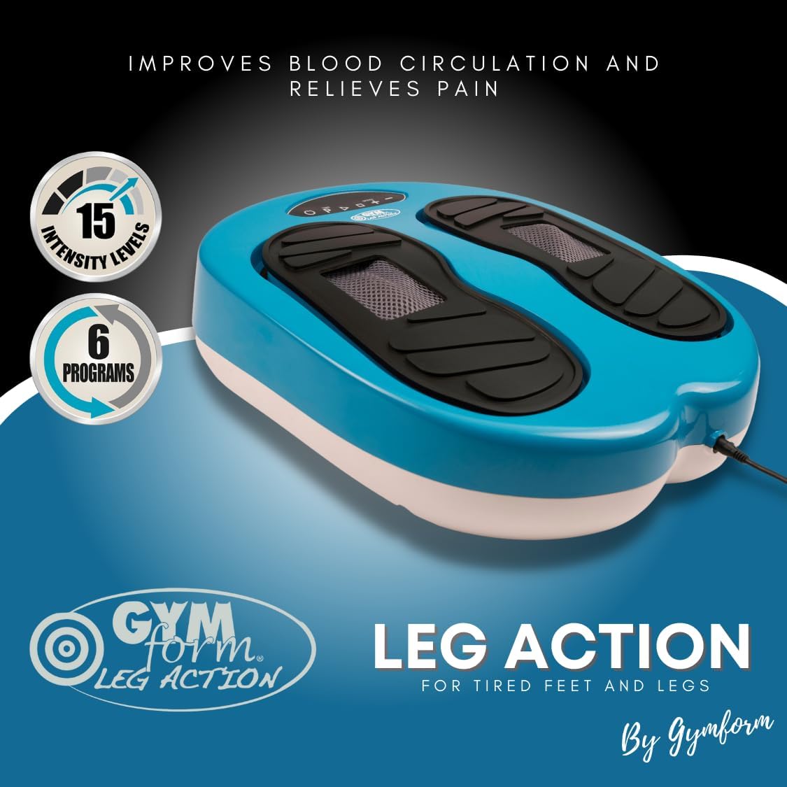 GYMFORM Leg Action Massager showing 15 intensity levels and 6 programs