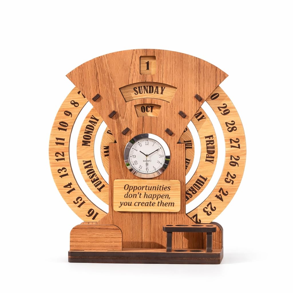 Wooden Desk Organizer with Clock and Perpetual Calendar, Premium Office Desk Decor with Pen Holder, Business Card Stand and Motivational Quote, Ideal for Home Office, Corporate Desk and Gifting
