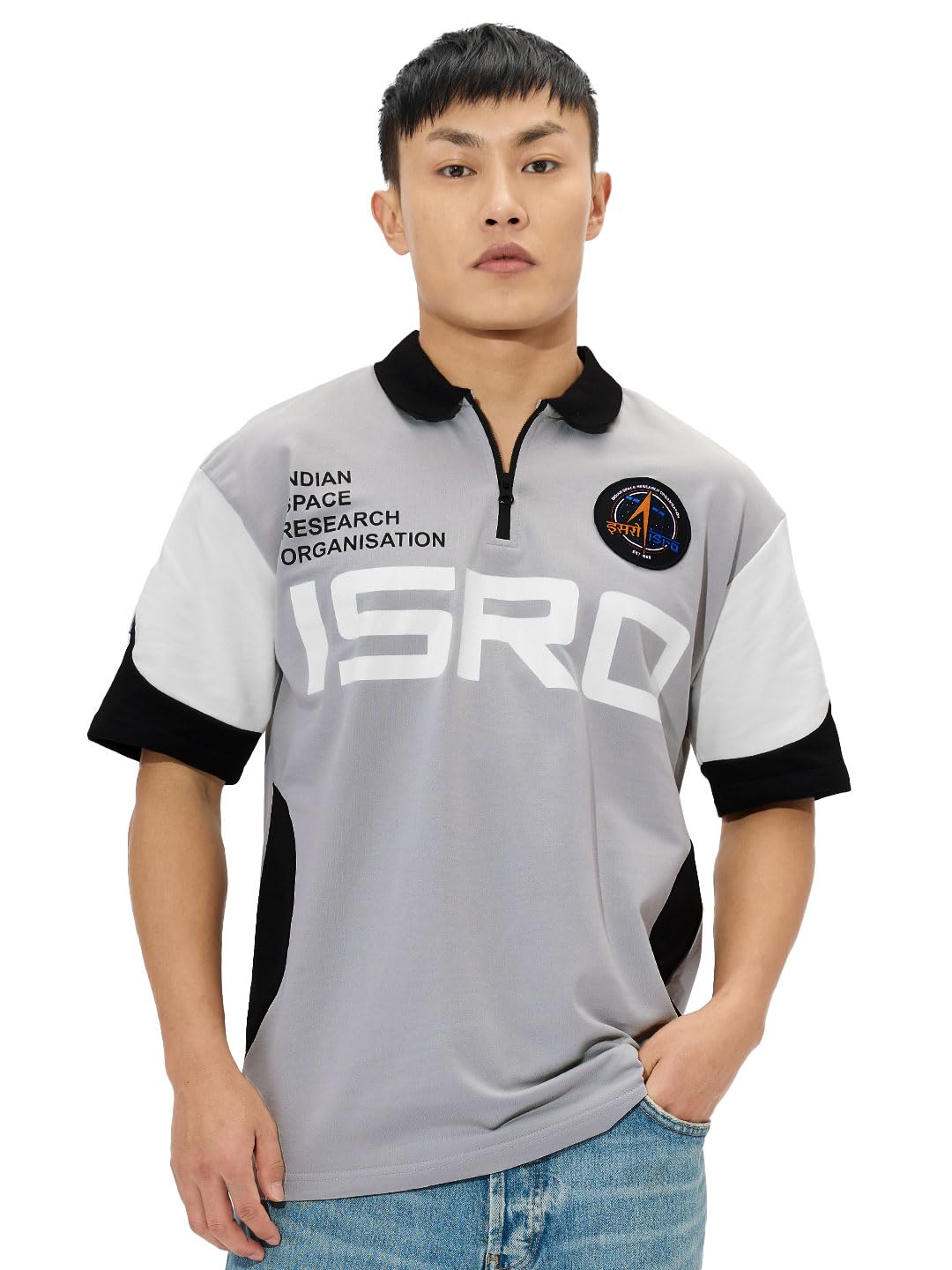 The Souled Store ISRO: Mission to The Moon Hombres y Niños Manga Corta Cuello Gris Gráficos Impreso Algodón Oversize Cremallera Polo