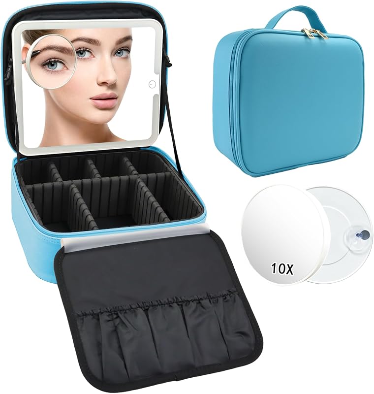 Maleta de maquiagem para viagem SLUMAZI com espelho LED removível, lente de aumento 10x, 3 modos de iluminação, divisórias ajustáveis e estojo para pincéis azul