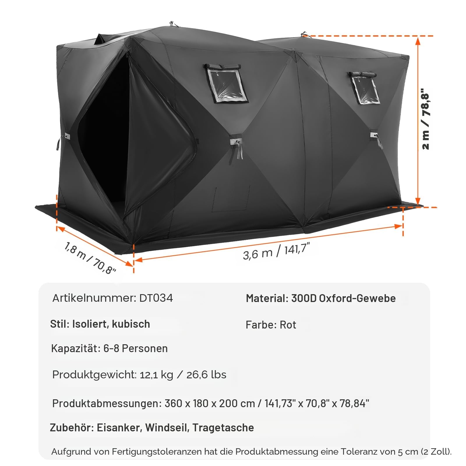 VEVOR Tragbares Pop-Up-Eis-Angelzelt, 1-8 Personen Isolierter Eisschutz, großer Angelbereich, Naben-Stil Ice Shanty für Winterangeln, wasserdichter Oxford-Eiswürfel mit Ankern/Seilen/Tragetasche