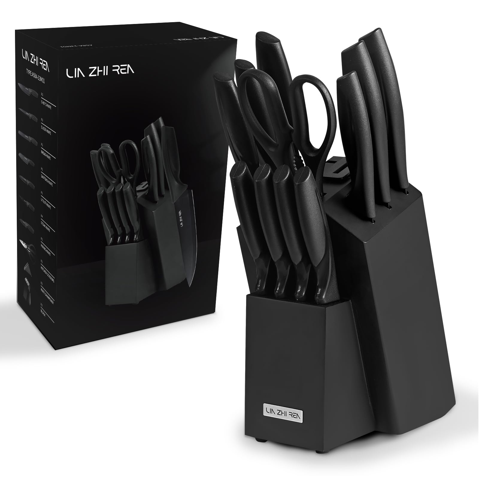LIN ZHI REN 13 Piece Knife Set, Kitchen Knife Set with Block, Built-in Sharpener, Ergonomic Handle, Dishwasher Safe, Black