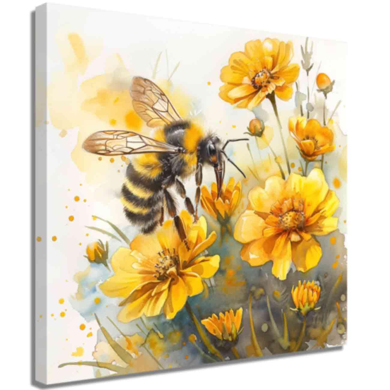 ZQQART Bee Canvas Wall Art Bee with Daisy Flower Picture Prints Watercolor Honey Bee Wildflower Poster Nature Insect Artwork Home Wall Decor (White,70x70cm)