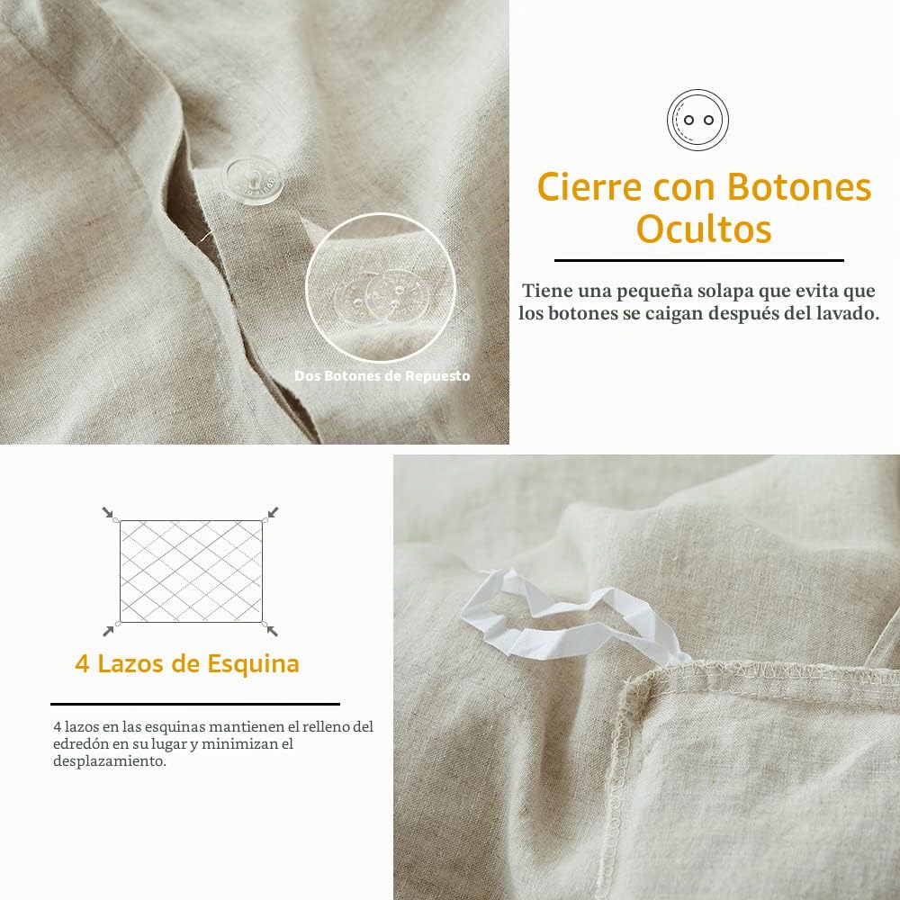 Simple&Opulence Juego de Funda de edredón de 100% Lino, Funda de con 2 Fundas de Almohada, 3 Piezas de Ropa de Cama de Estilo básico de Color sólido con Cierre de botón(Lino,King)