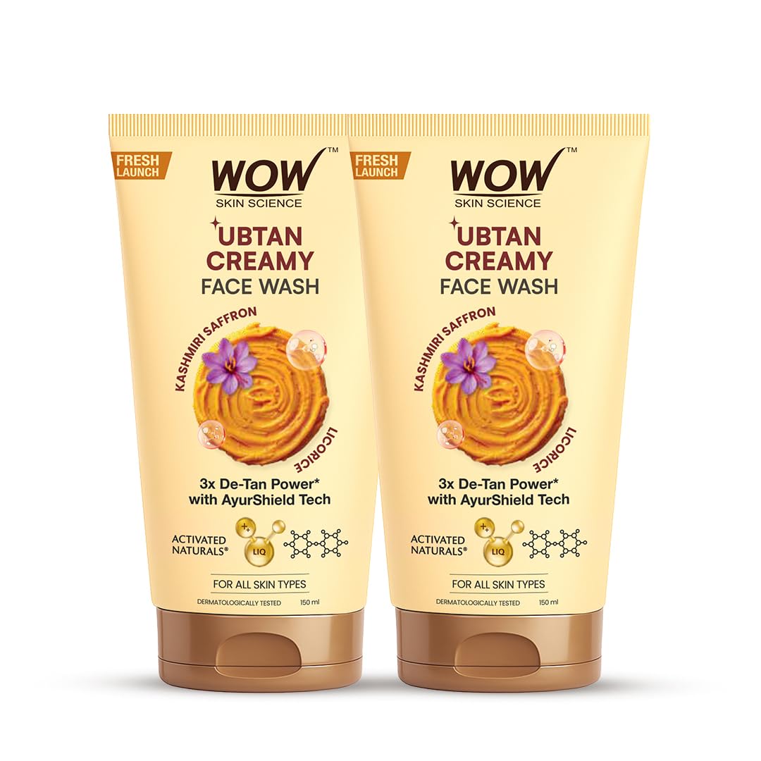WOW Skin Science Ubtan Creamy Face Wash 150 ML for Men & Women | Facewash with Kashmiri Saffron & Liquorice | 3X Detan Power with AyurShield™ Tech | Brightening Cleanser for Radiant Glow | Sulphate-Free | Pack of 2