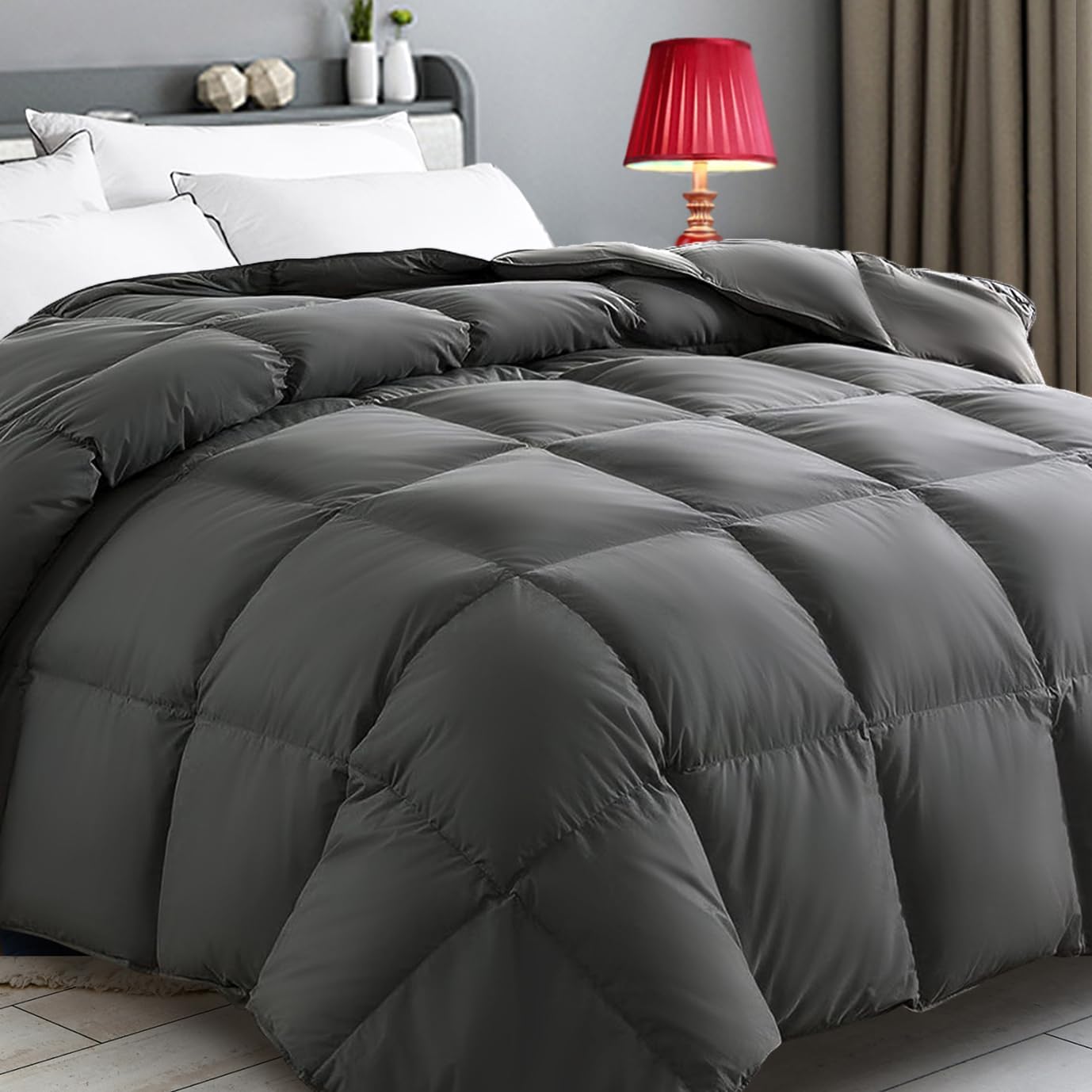 All Season Queen Size Comforter Grey,Down Alternative Comforter for Night Sweats,Cooling Duvet Insert with 8 Corner Tabs, Thick Warm Quilts Reversible Fluffy Hypoallergenic