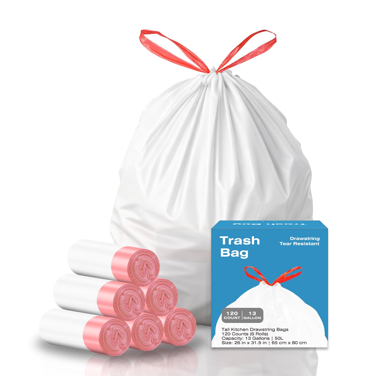 KUK 13 Gallon Tall Kitchen Drawstring Trash Bags, Unscented, White, 120 Count, Tear-Free Individual Garbage Bags, Tear-Resistant, Leak Proof, Garbage Bag for Kitchen, Home Office 2
