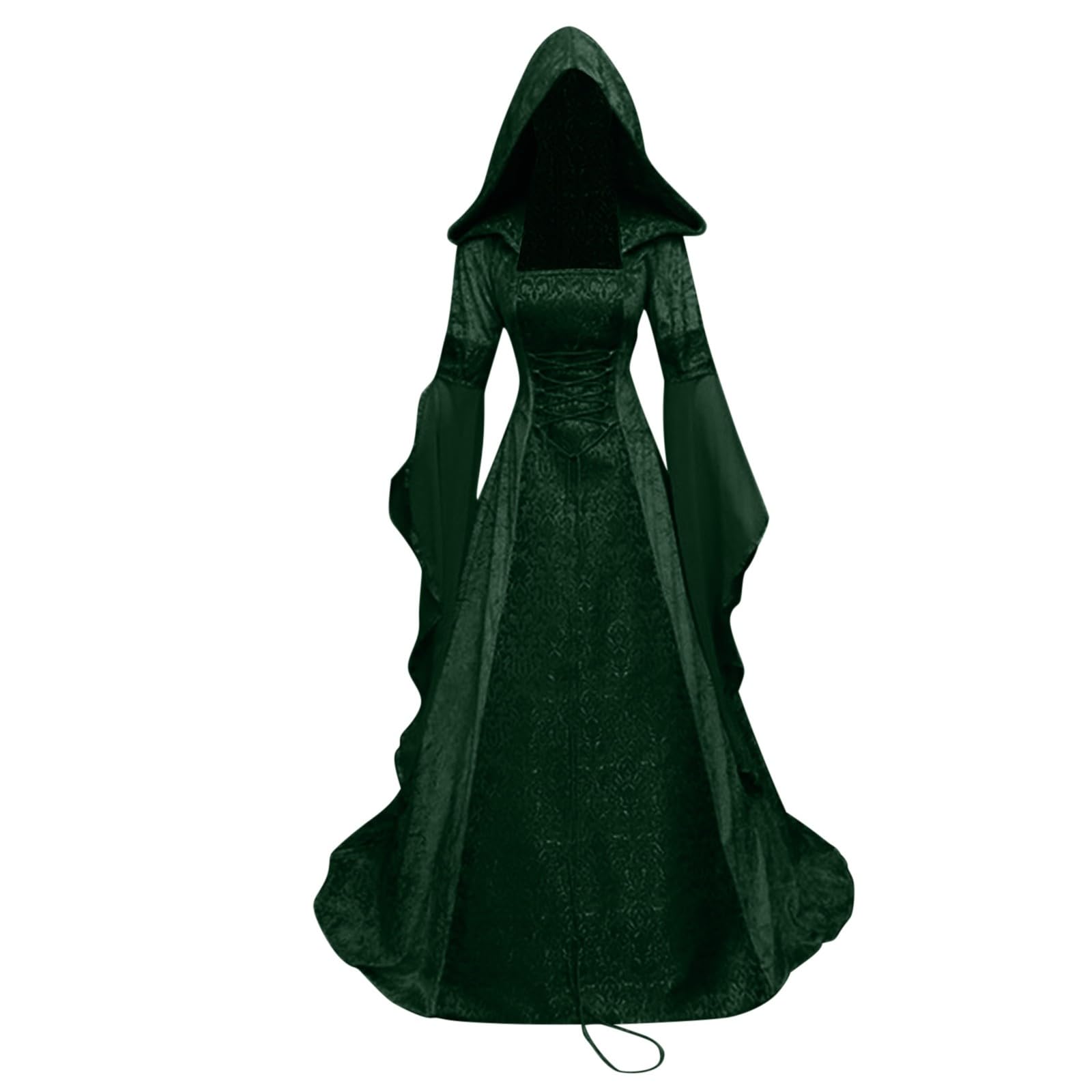 RIKAY Halloween Costumes: Adult Women's Hooded Witch Costume - Medieval Vampire, Renaissance Gothic Corset Dress - Bell Sleeve Steampunk Clothes in Green — image 1