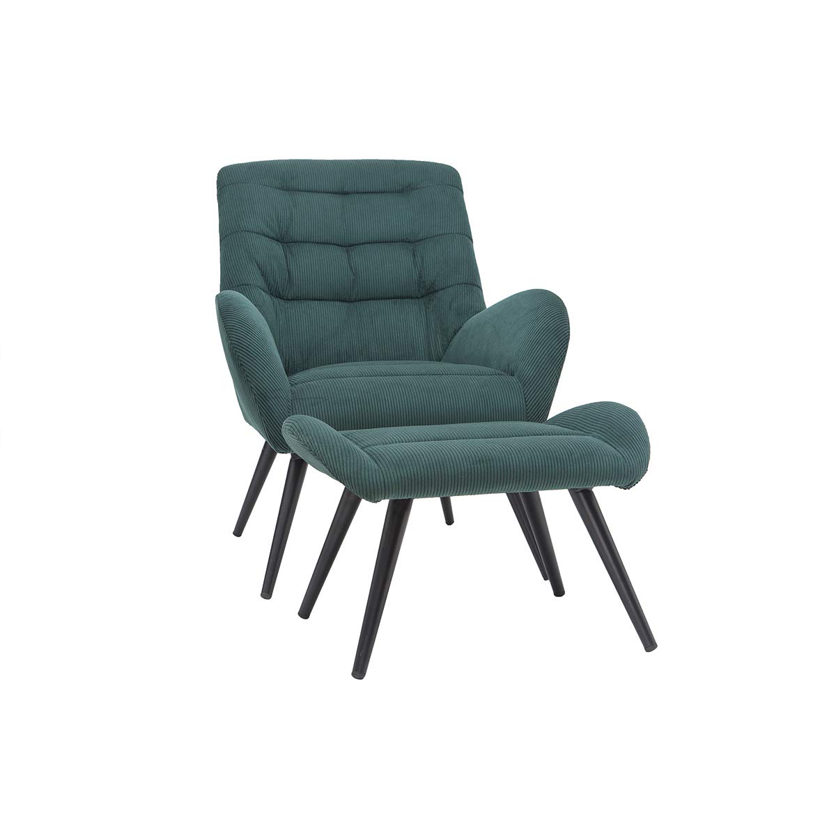 Miliboo Fauteuil et Repose-Pieds Design en Tissu Velours côtelé Vert et métal Noir Zoe