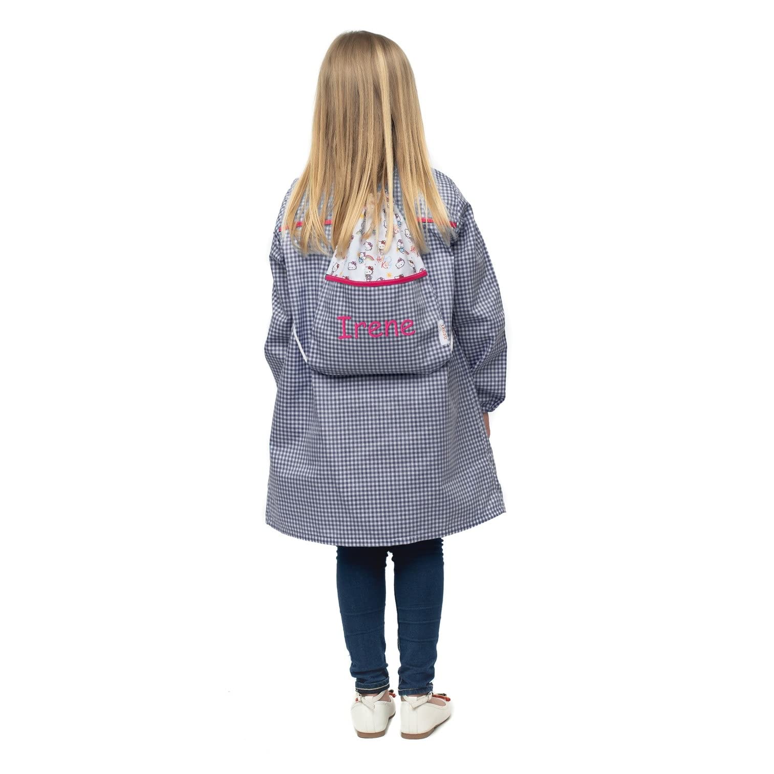 Nenel Conjunto Escolar para Colegio o guardería: Mandilón, babi o Bata Escolar + Bolsa merienda Bordado con el Nombre. Modelo Hello Kitty