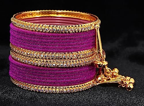 Image of NMII Metal with Zircon Gemstone and Velvet Studded Bells Latkan Bangles Set For Girls and Women I Latkan Bangles, Premium Bangle Bracelet Set I Pack of 16 Bangles