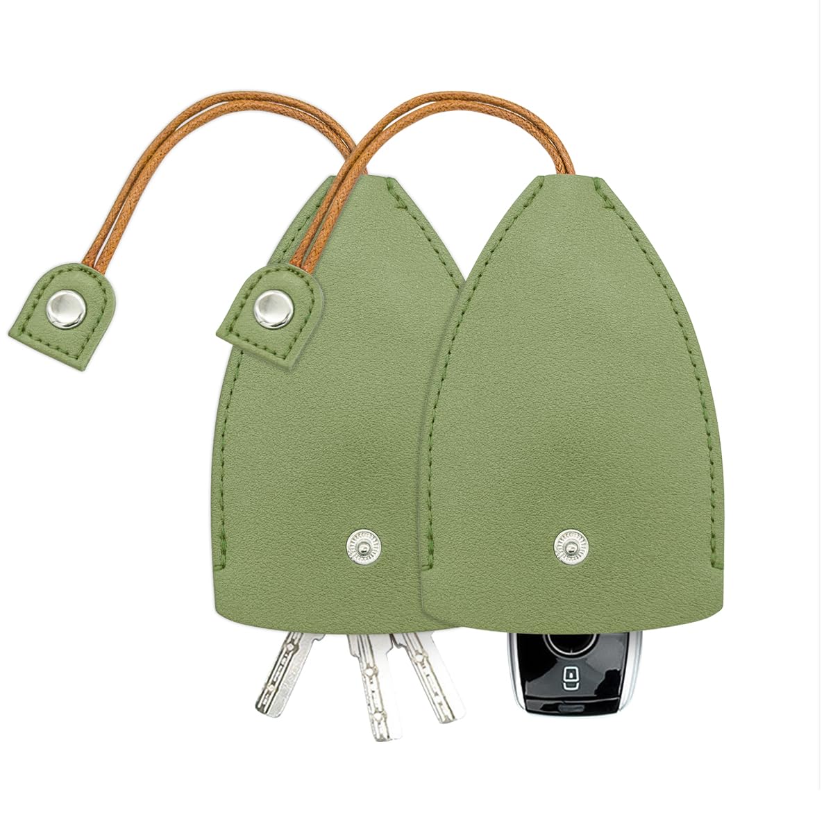 Car Key Case, 2PCS Creative Pull-Out Key Sleeve Keychain Bags, PU Leather Large-Capacity Protective Key Holder Hook (Green)