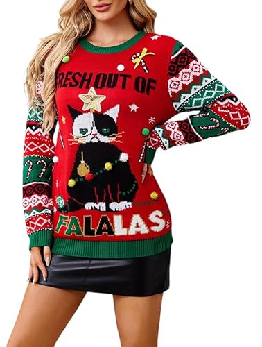 LUBOT 2024 Ugly Christmas Sweaters for Women Womens Christmas Sweater Cute Fuzzy Funny Tacky Holiday Parties Knitted Pullover Cat M