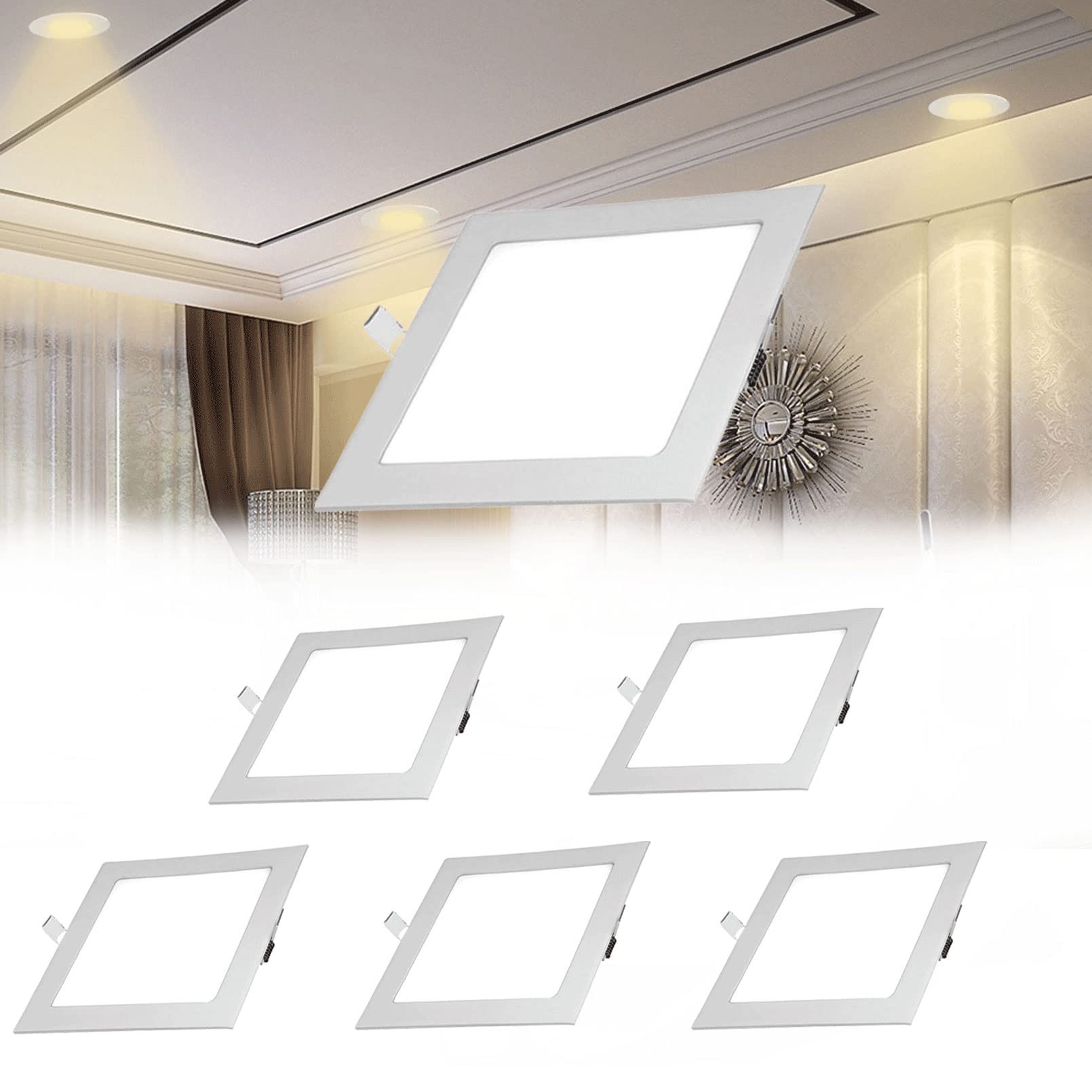 faretti da soffitto 6W LED Faretti da Incasso 360 Lm Ultra Sottili Forma Quadrata Faretti da Incasso a soffitto Foro 105 mm Faretti per soffitto Corridoio (6 Pezzi 4500K)