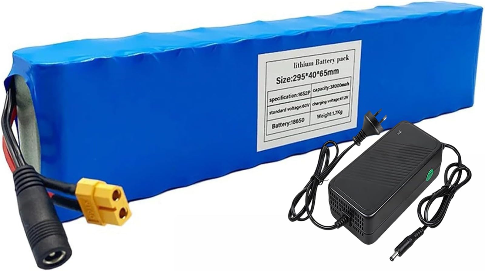 60V 38Ah 16S2P Waterproof Electric Bike Lithium Ion Battery for Electric Scooters with Motor 200W to 1000W XT90+DC,60V 38AH