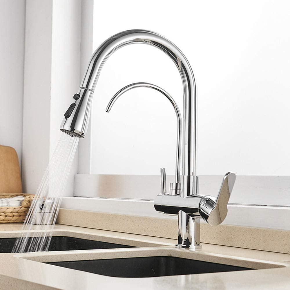 FCXWEVR 3Way Copper Kitchen Faucet with PullOut Dual Spray Head Flexible Brushed Nickel Sink Mixer Tap for Easy Cleaning and Cooking Modern Design Durable and Stylish