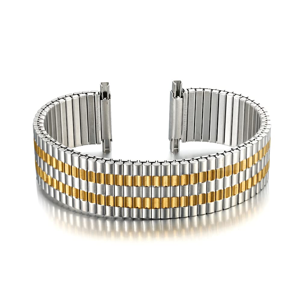 Men’s Stainless Steel Comfortable Stretch Replacement flat End Watch Band 20-26mm lug (20-26mm, 2tone gold)