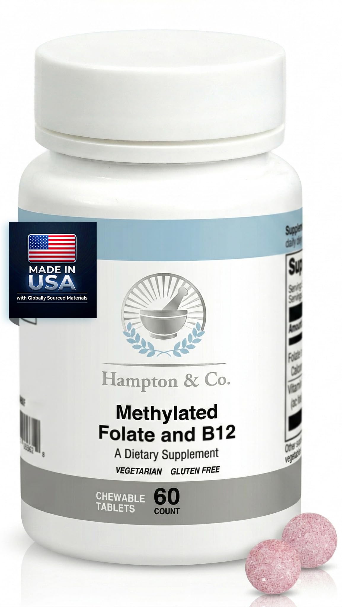 Hampton Distribution Methylated B12 & Folate Complex | Once-Daily Chewable Supplement for Energy Production & Cardiovascular Health | 60 Chewable Folate and B12 Supplement Tablets 60 Count (Pack of 1)