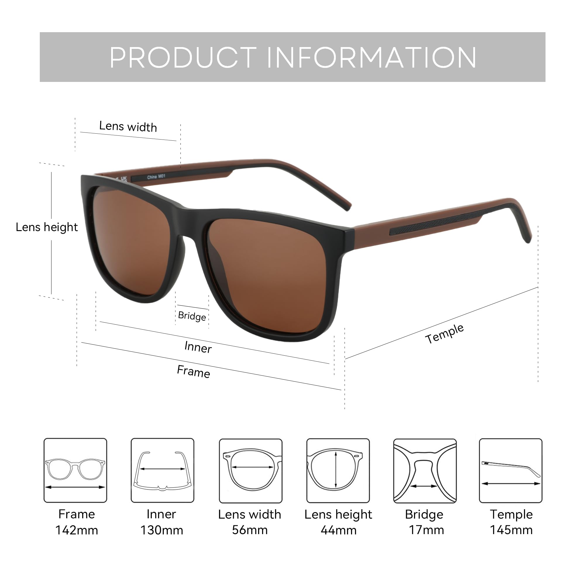 Gafas de sol polarizadas para hombre, ligeras, TR90, con marco cuadrado, protección UV400, C03 Marco Negro Lente Marrón, M 5