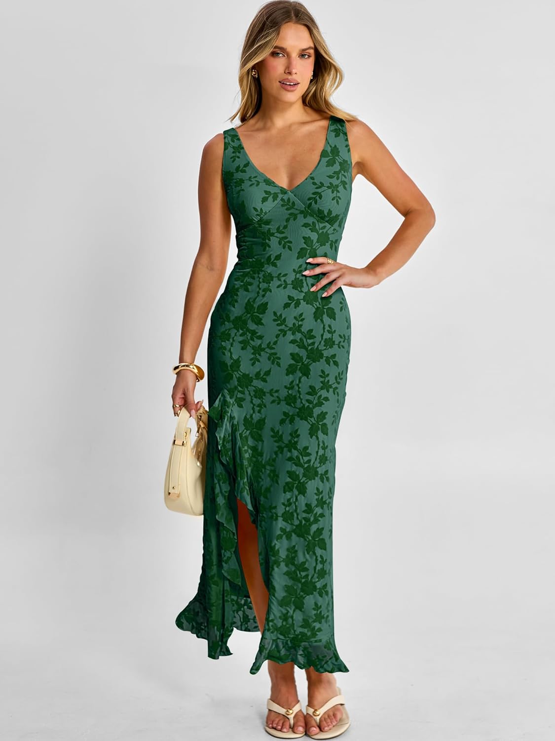 ANRABESS Womens Sexy V Neck Sleeveless Wedding Guest Dresses Spring Mesh Bodycon High Slit Ruffle Hem Cocktail Maxi Dress